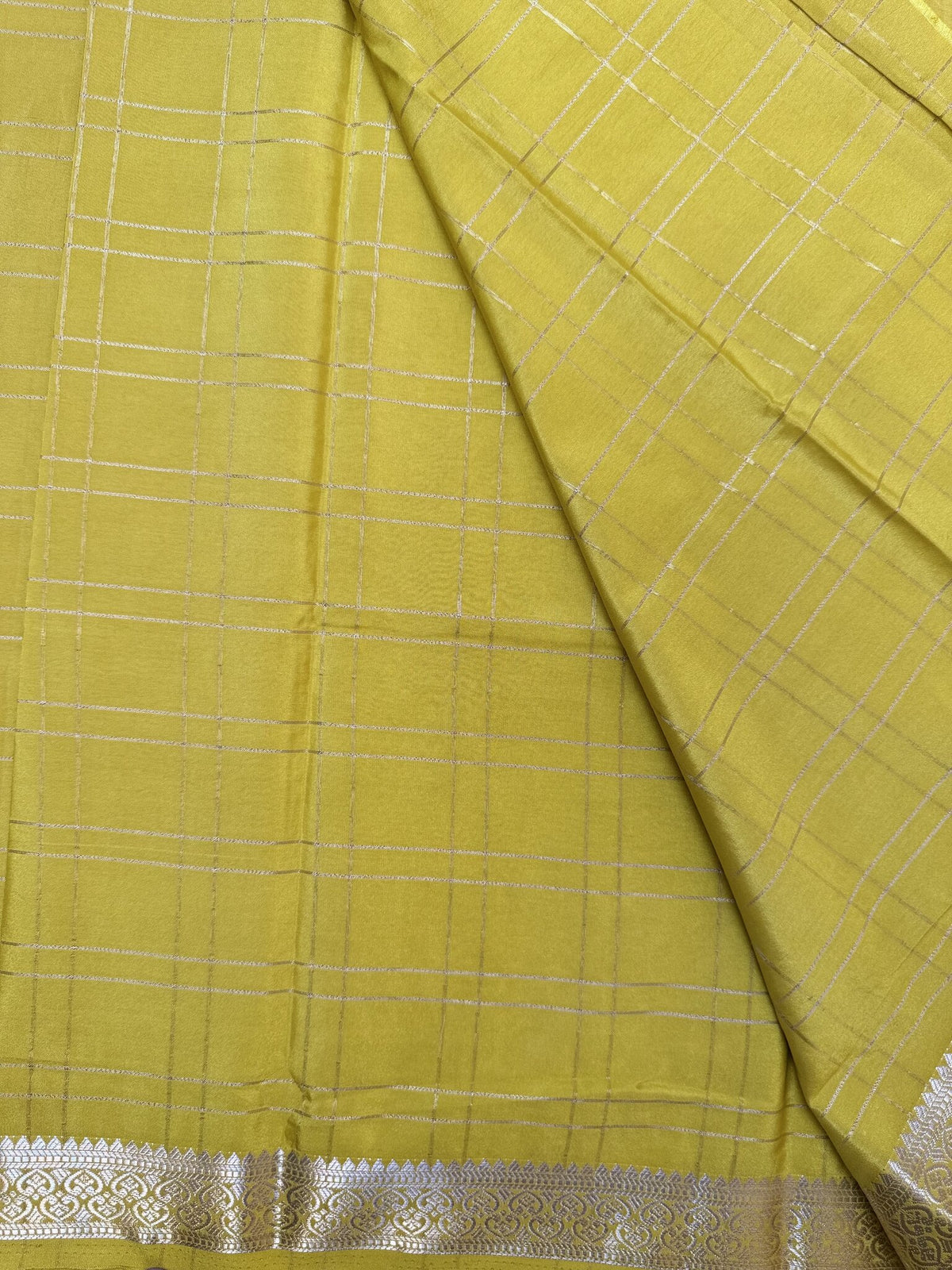 Yellow Check Semi Crepe Silk Saree