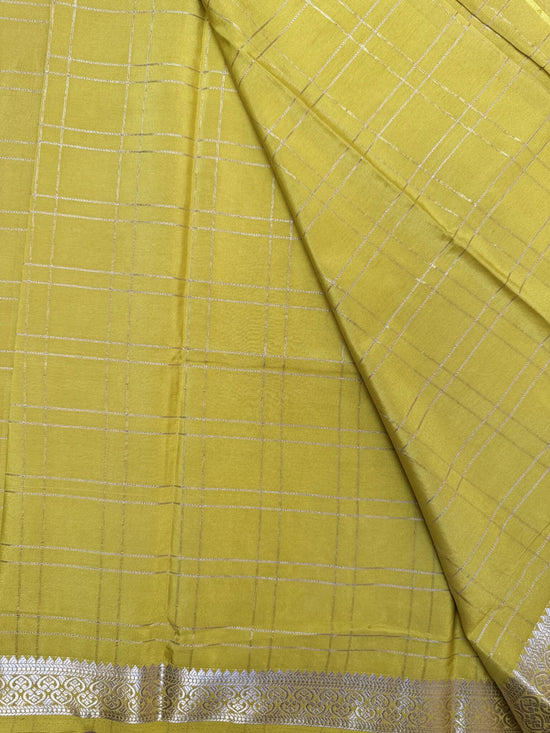 Yellow Check Semi Crepe Silk Saree
