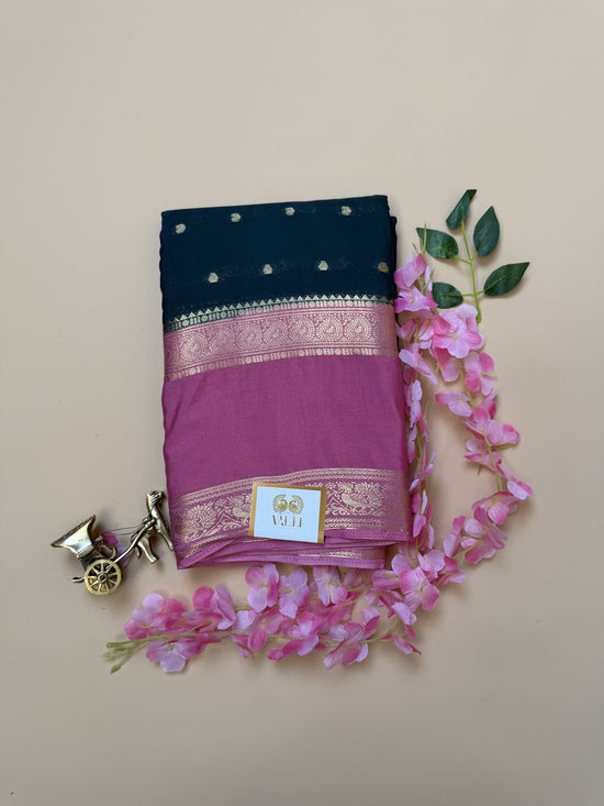 Bottle Green & Pink Semi Crepe Silk Saree