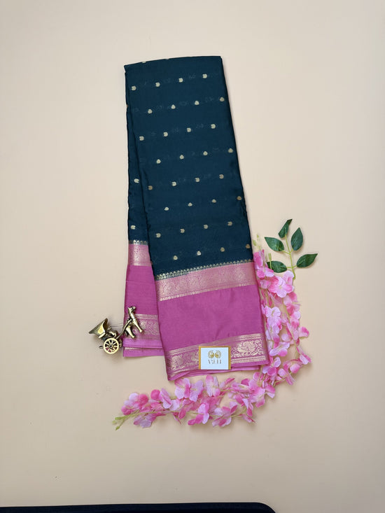 Bottle Green & Pink Semi Crepe Silk Saree