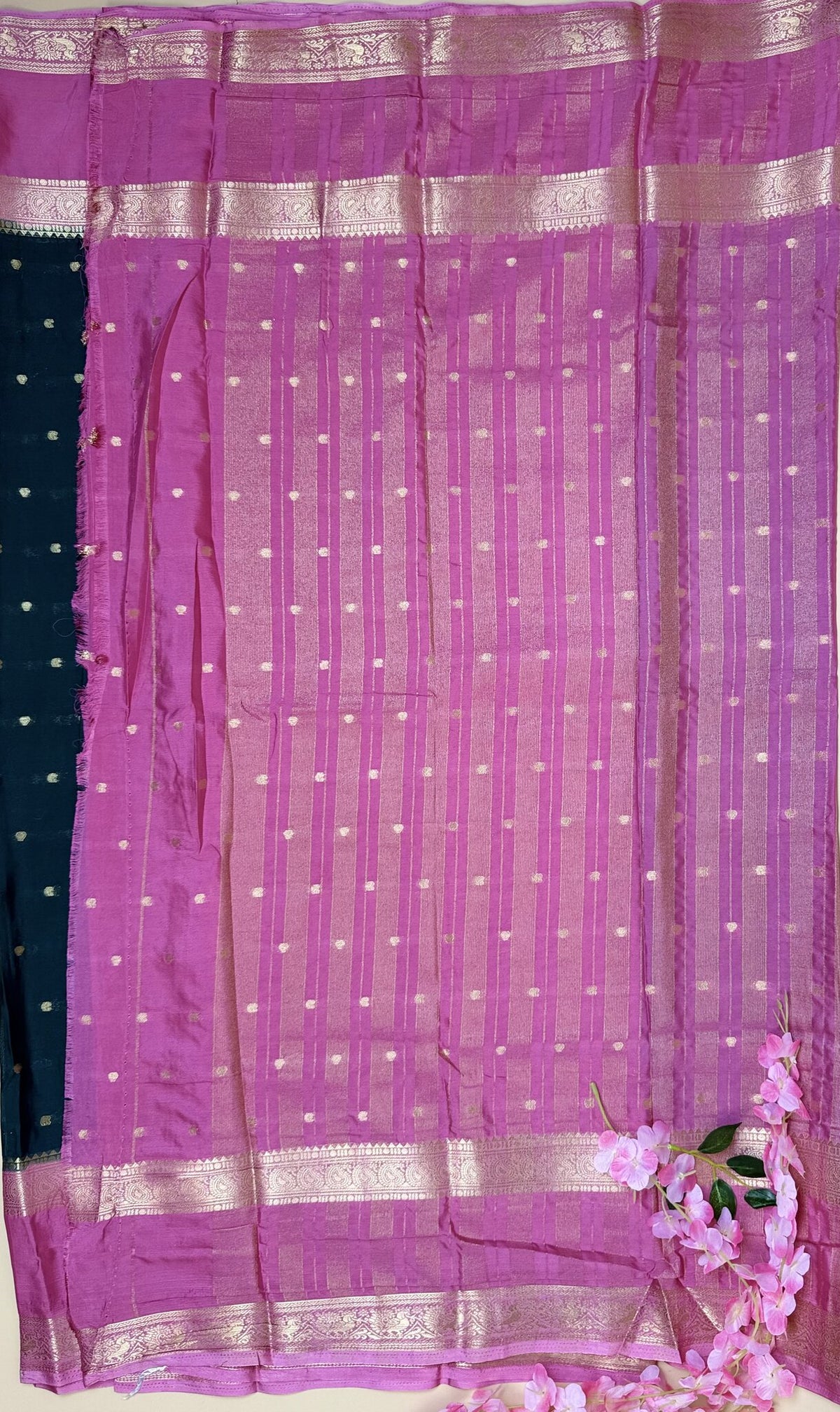 Bottle Green & Pink Semi Crepe Silk Saree