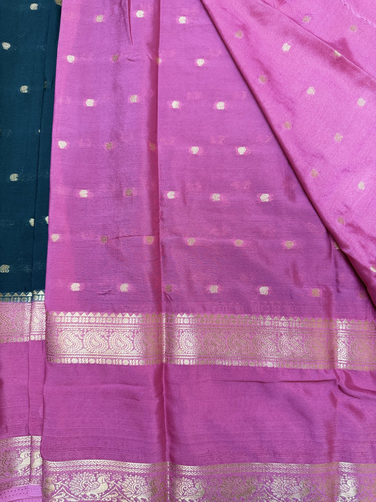 Bottle Green & Pink Semi Crepe Silk Saree