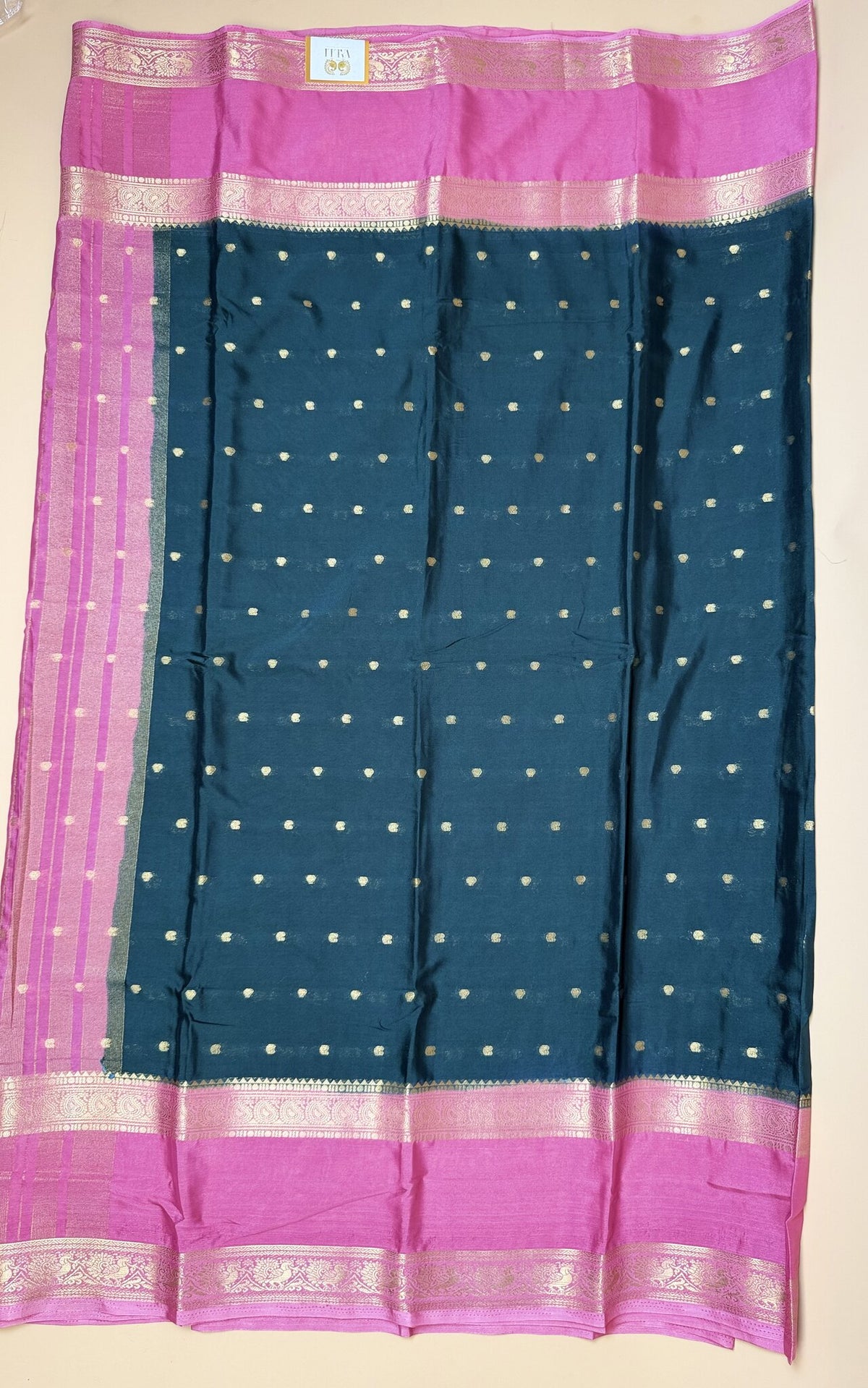 Bottle Green & Pink Semi Crepe Silk Saree