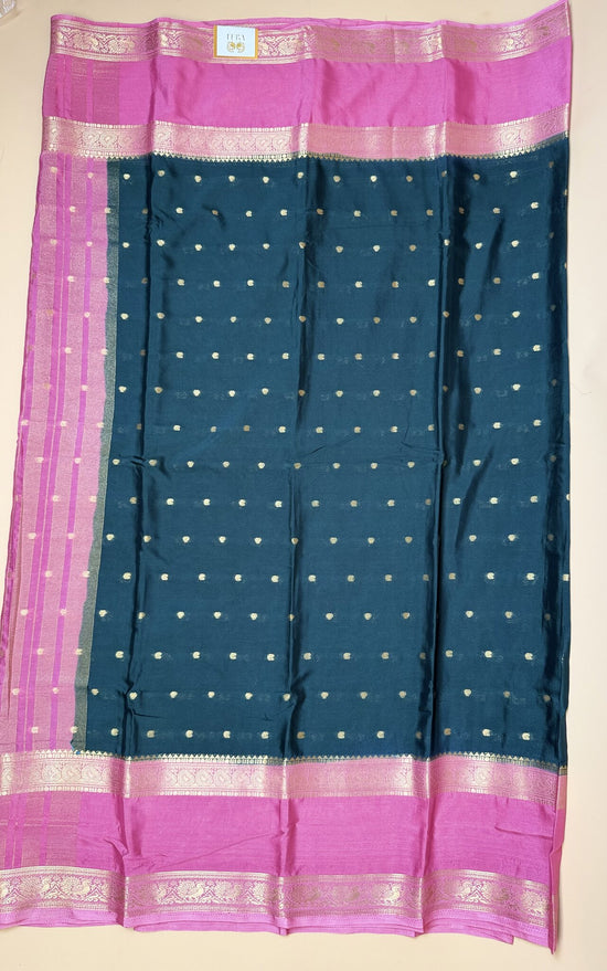 Bottle Green & Pink Semi Crepe Silk Saree