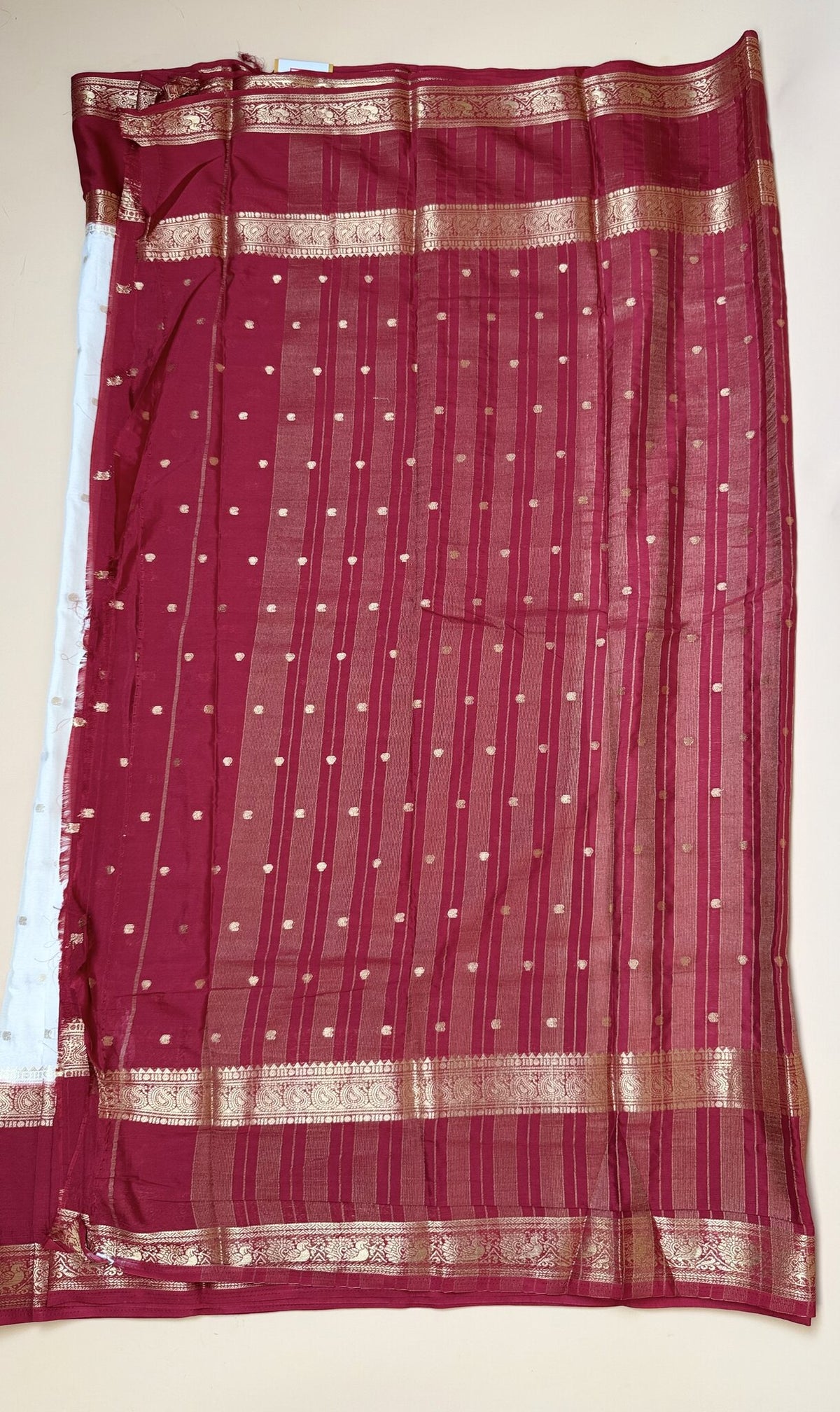 White & Red Semi Crepe Silk Saree