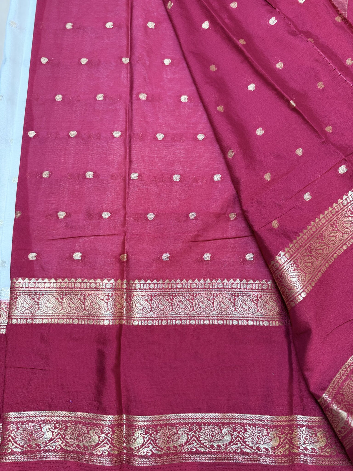 White & Red Semi Crepe Silk Saree