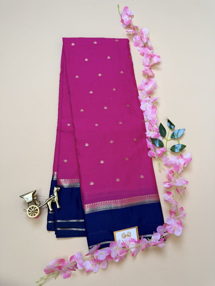 Pink & Dark Blue Butta Semi Crepe silk Saree