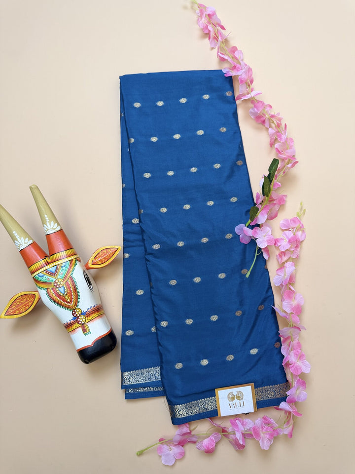Teal Blue Butta Semi Crepe Saree – Half-Inch Border
