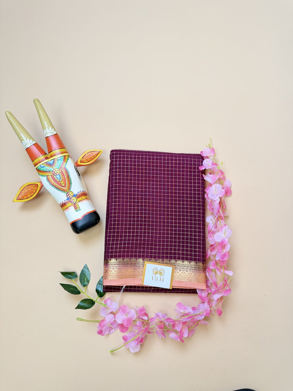Maroon Check Semi Crepe Saree – Peach Temple Border