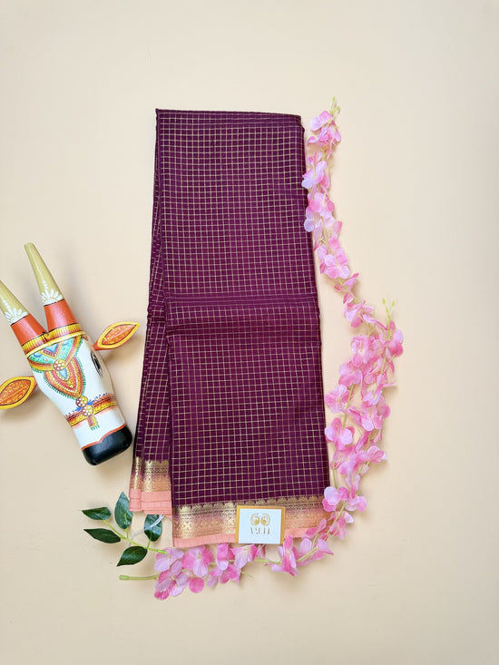 Maroon Check Semi Crepe Saree – Peach Temple Border