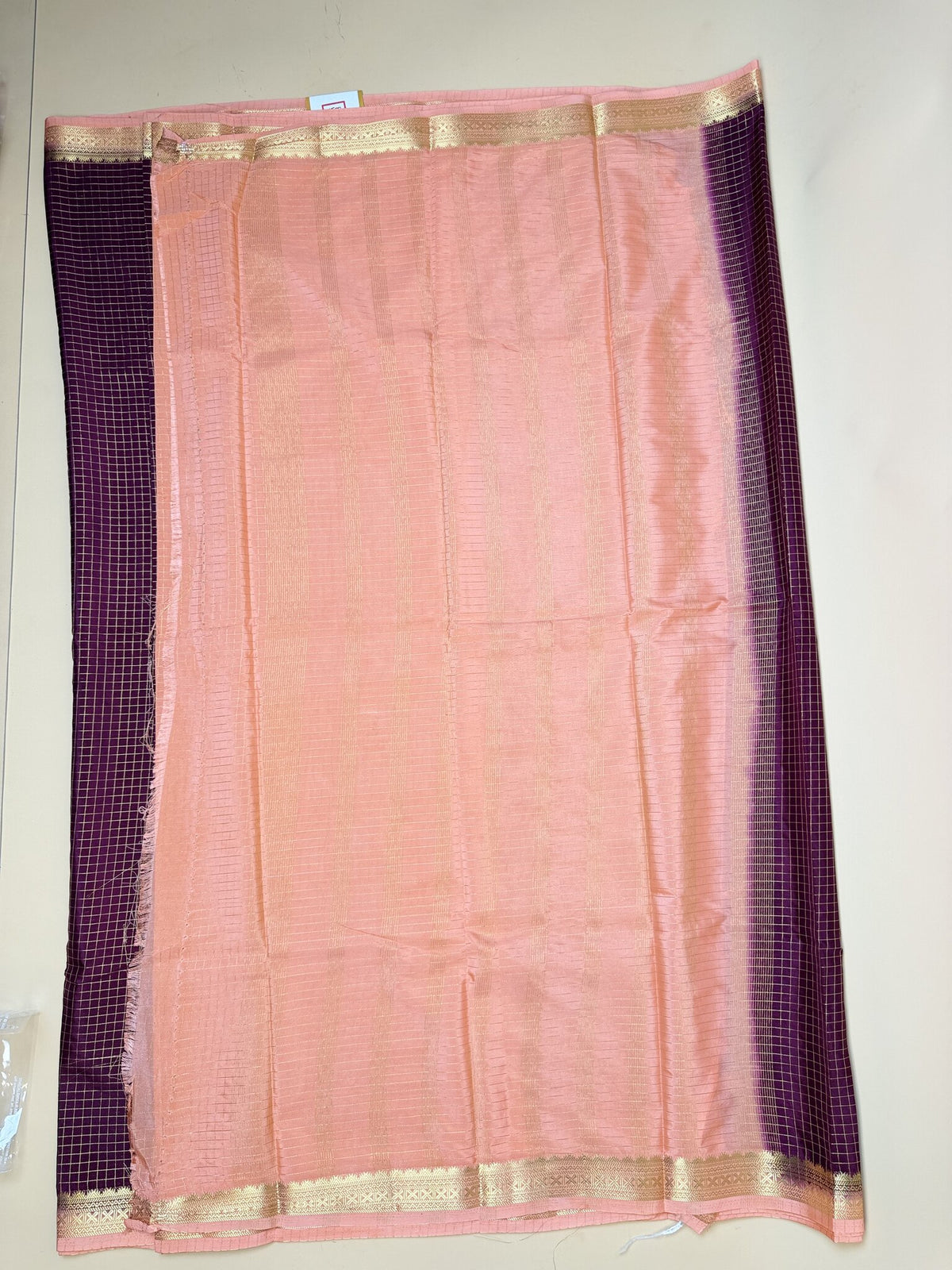 Maroon Check Semi Crepe Saree – Peach Temple Border