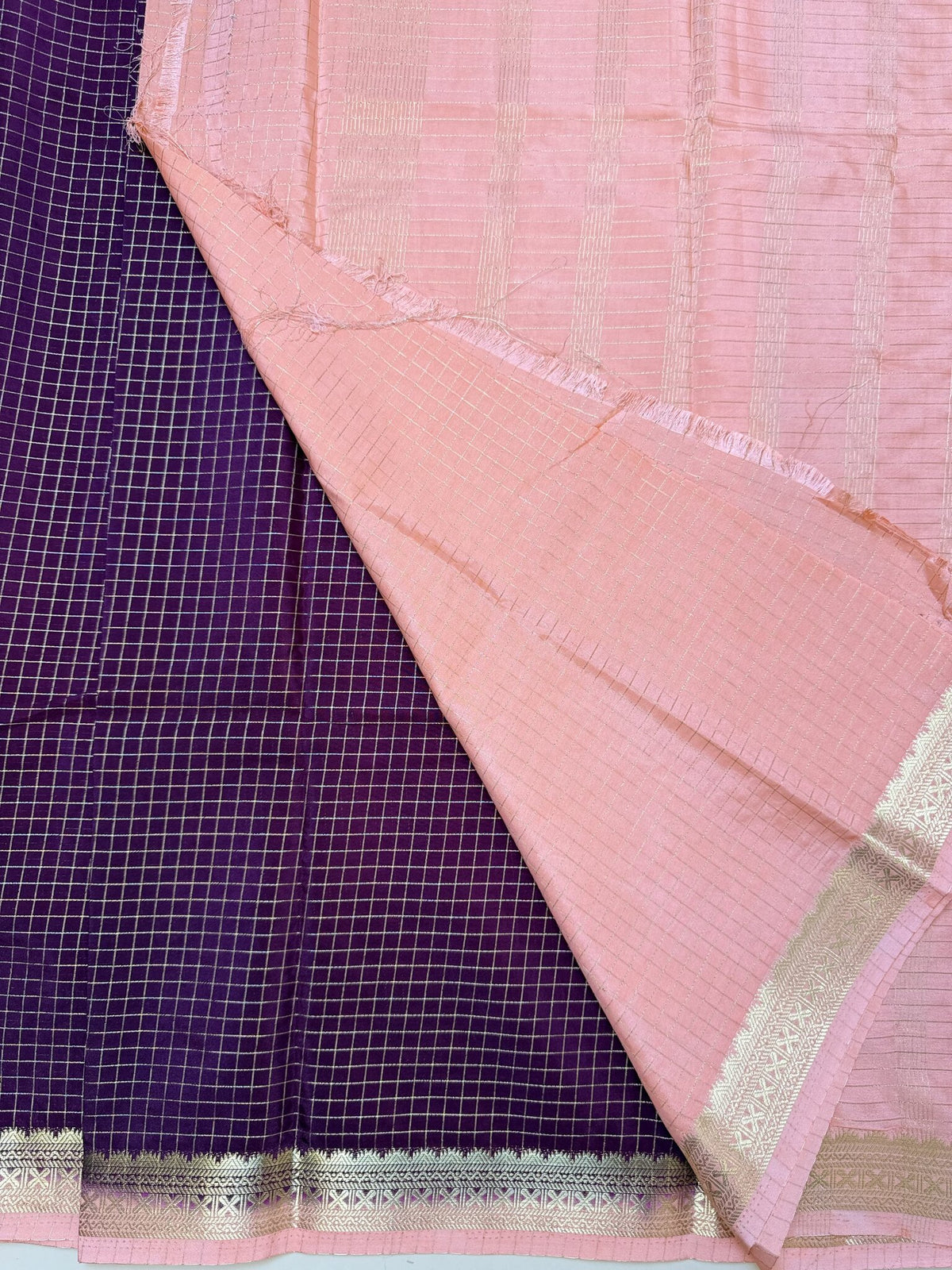 Maroon Check Semi Crepe Saree – Peach Temple Border