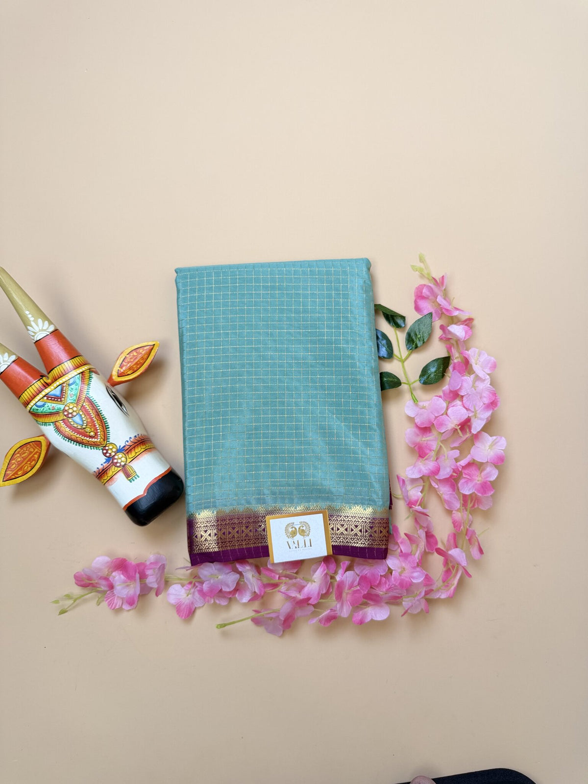 Sea Green Check Semi Crepe Saree – Purple Temple Border