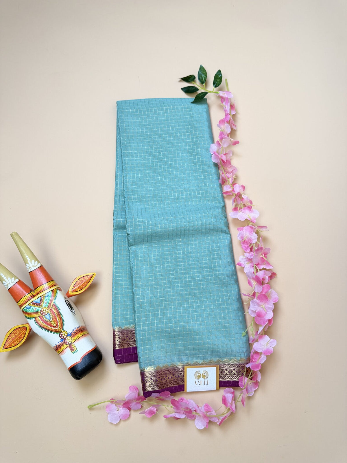 Sea Green Check Semi Crepe Saree – Purple Temple Border