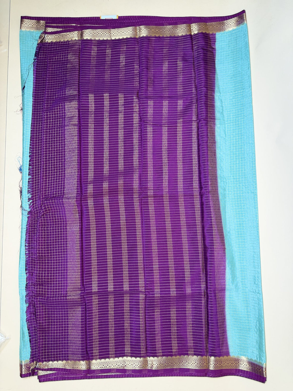 Sea Green Check Semi Crepe Saree – Purple Temple Border