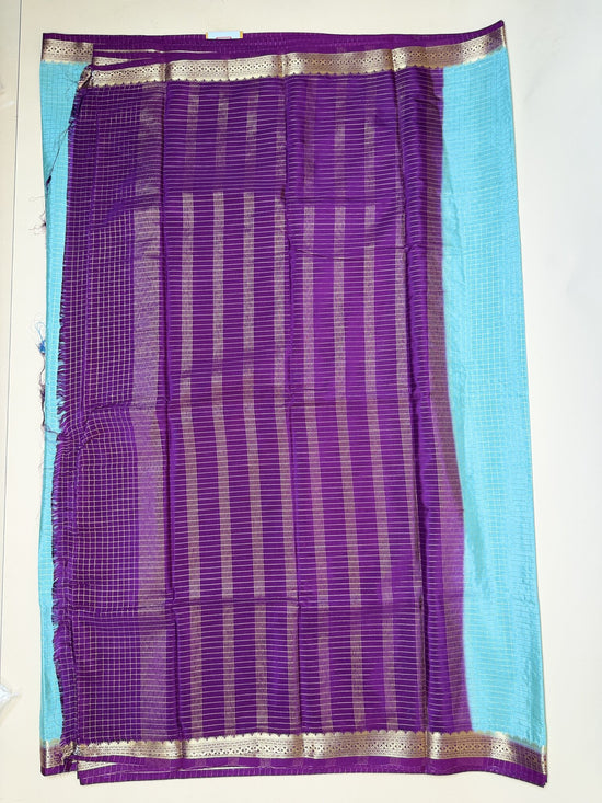 Sea Green Check Semi Crepe Saree – Purple Temple Border
