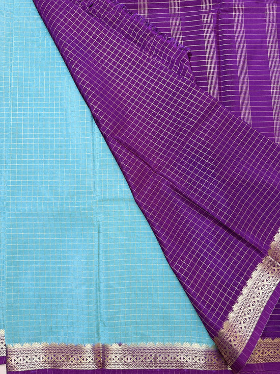 Sea Green Check Semi Crepe Saree – Purple Temple Border