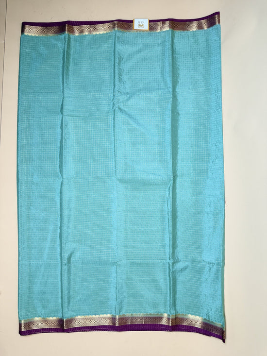 Sea Green Check Semi Crepe Saree – Purple Temple Border