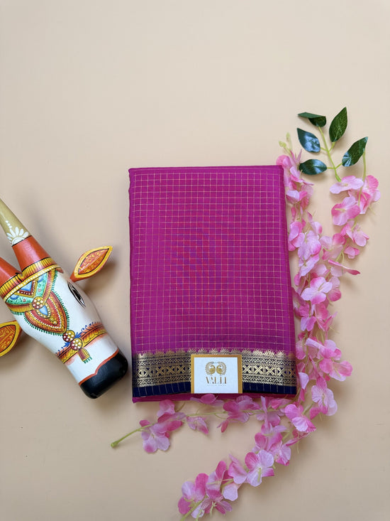 Pink Check Semi Crepe Saree – Ink Blue Temple Border