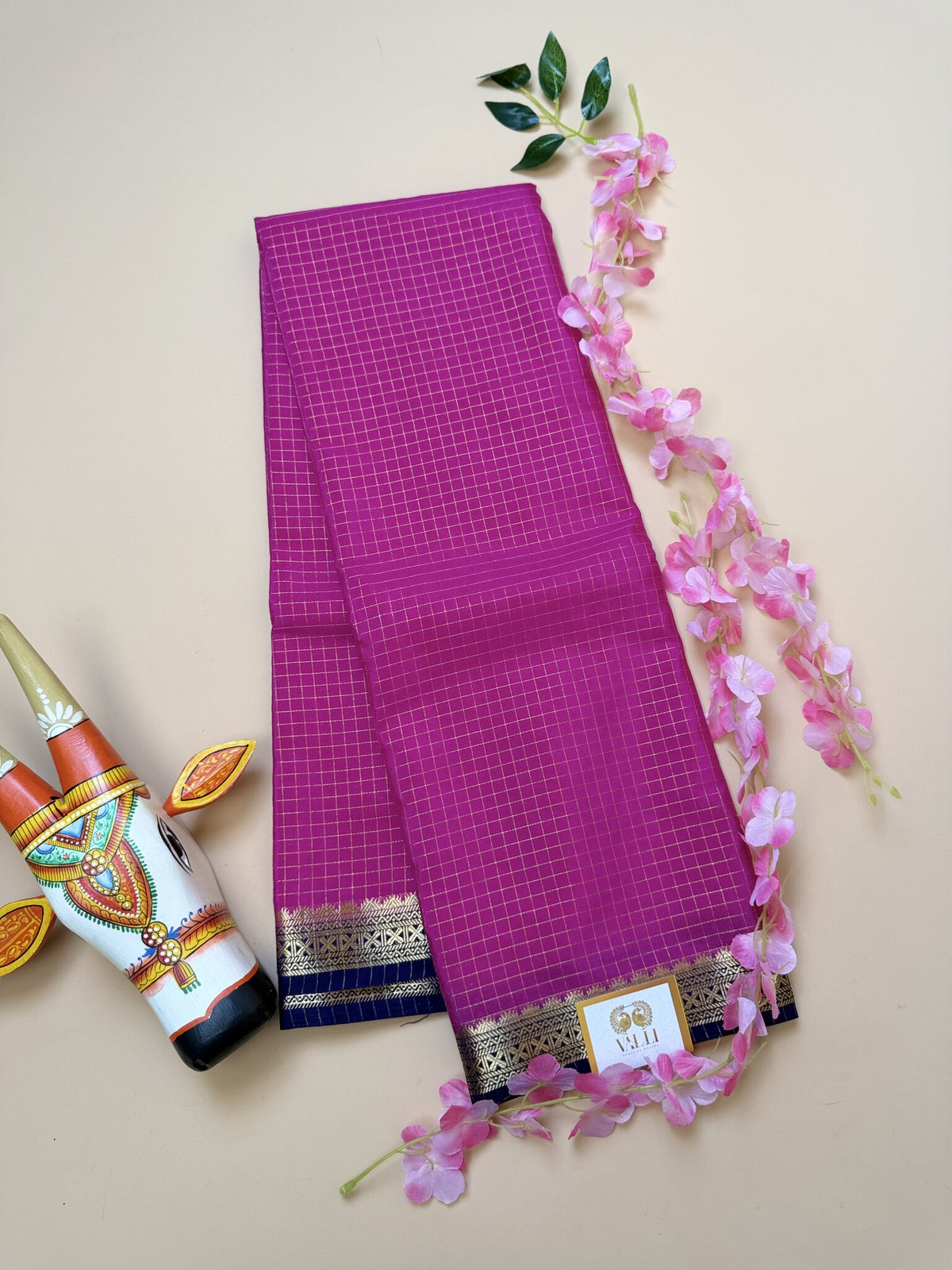 Pink Check Semi Crepe Saree – Ink Blue Temple Border