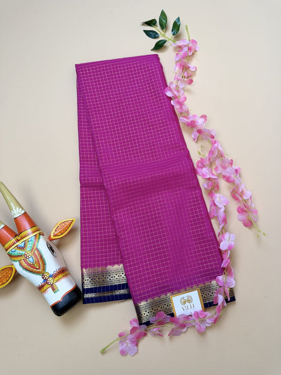 Pink Check Semi Crepe Saree – Ink Blue Temple Border