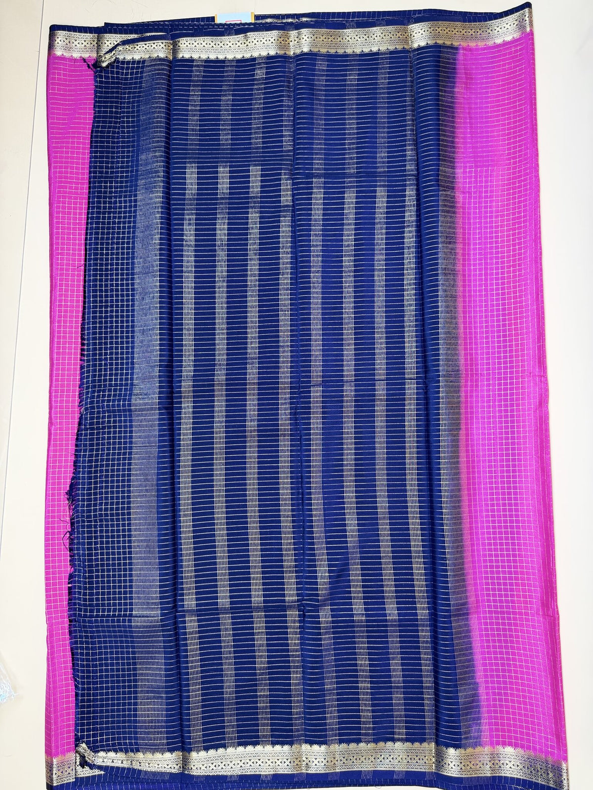 Pink Check Semi Crepe Saree – Ink Blue Temple Border