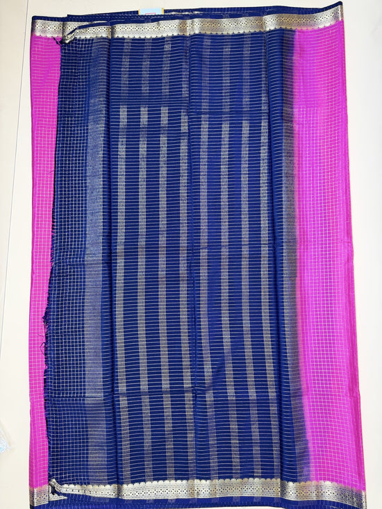 Pink Check Semi Crepe Saree – Ink Blue Temple Border