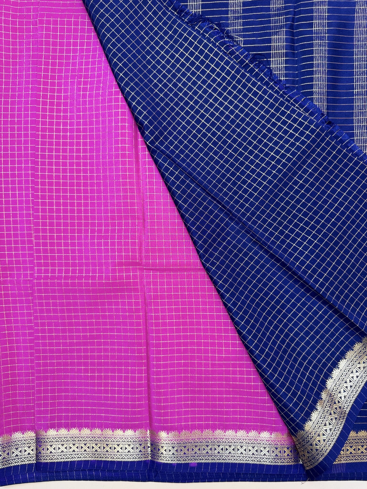 Pink Check Semi Crepe Saree – Ink Blue Temple Border