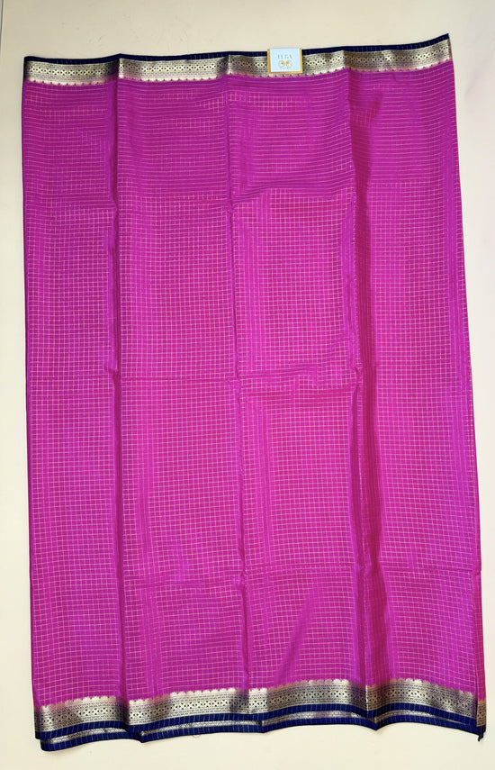 Pink Check Semi Crepe Saree – Ink Blue Temple Border