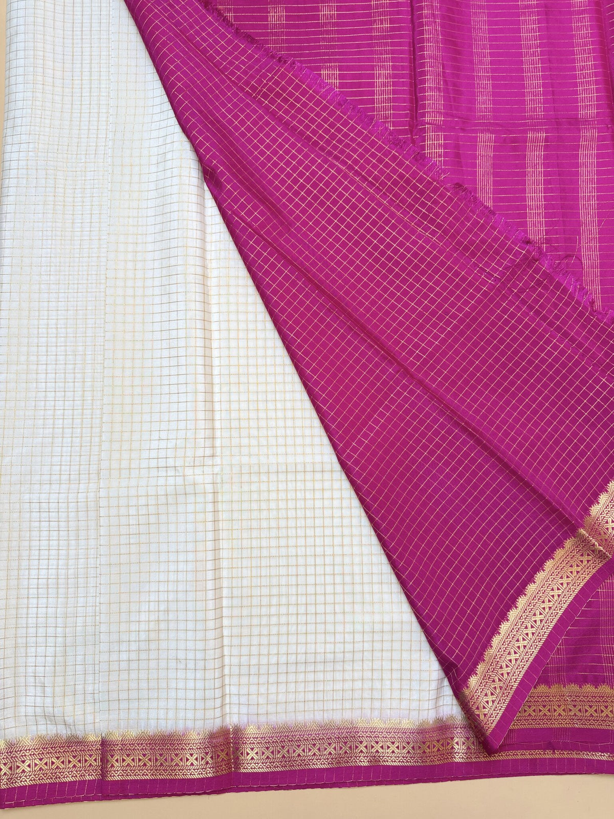 White + Pink Semi Crepe Saree