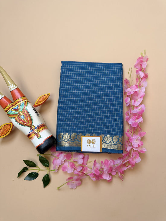 Teal Blue Semi Crepe Saree with Mango Border & Self Checks