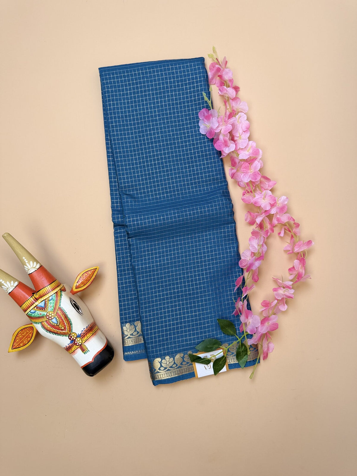 Teal Blue Semi Crepe Saree with Mango Border & Self Checks