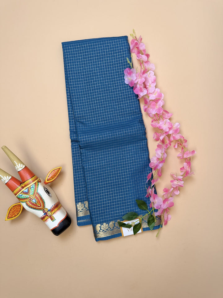 Teal Blue Semi Crepe Saree with Mango Border & Self Checks