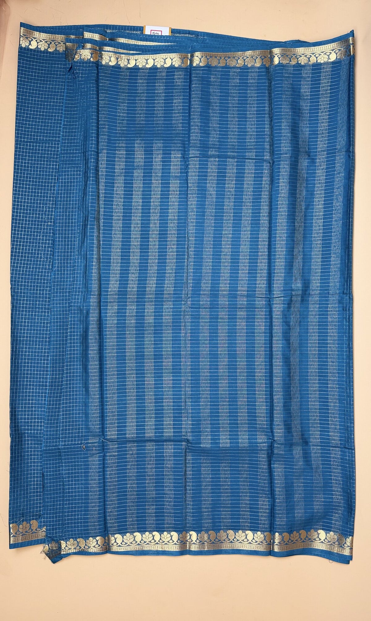Teal Blue Semi Crepe Saree with Mango Border & Self Checks