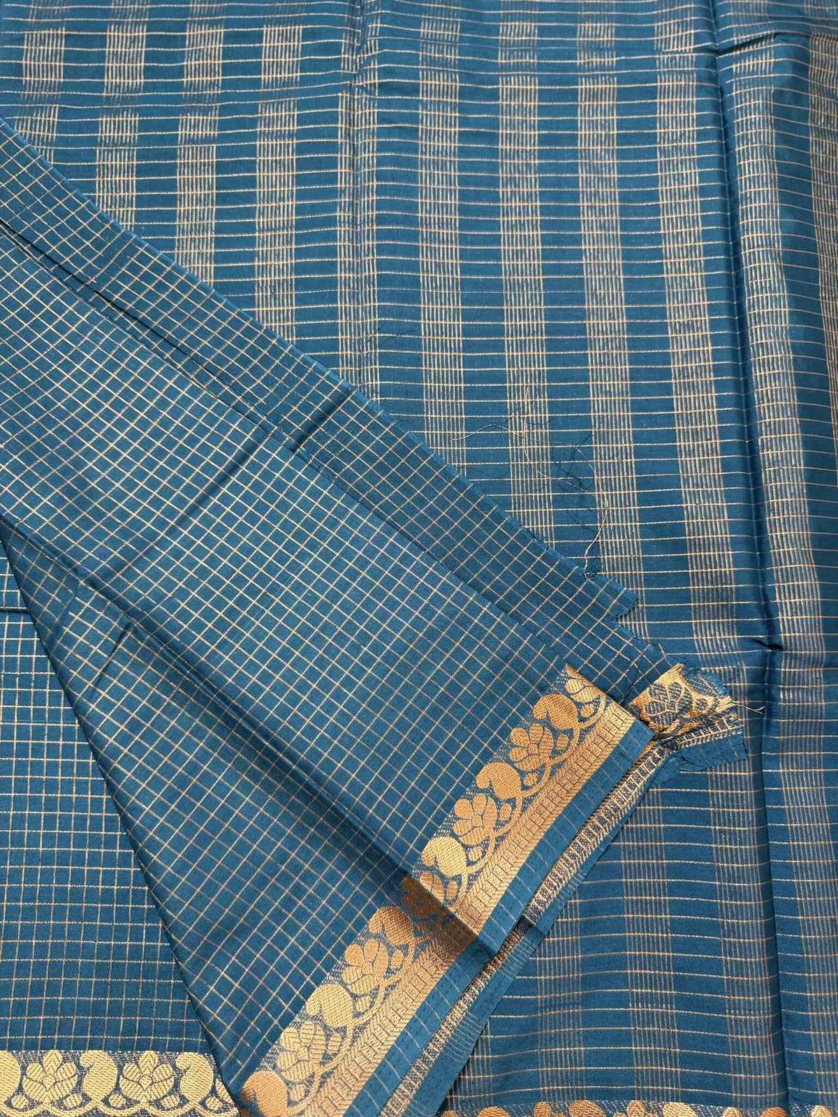 Teal Blue Semi Crepe Saree with Mango Border & Self Checks