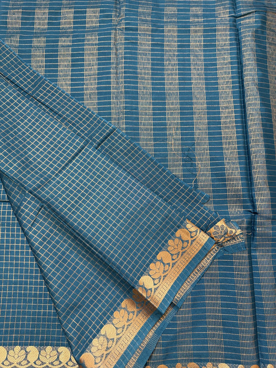Teal Blue Semi Crepe Saree with Mango Border & Self Checks