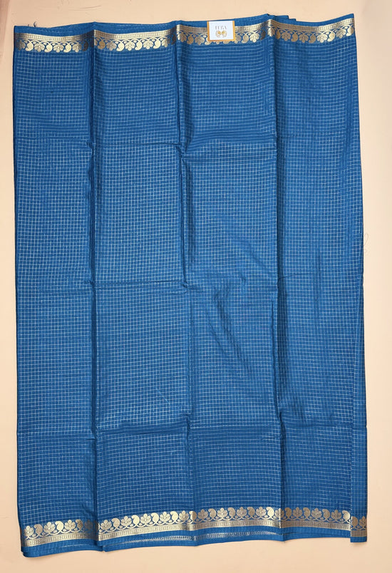Teal Blue Semi Crepe Saree with Mango Border & Self Checks