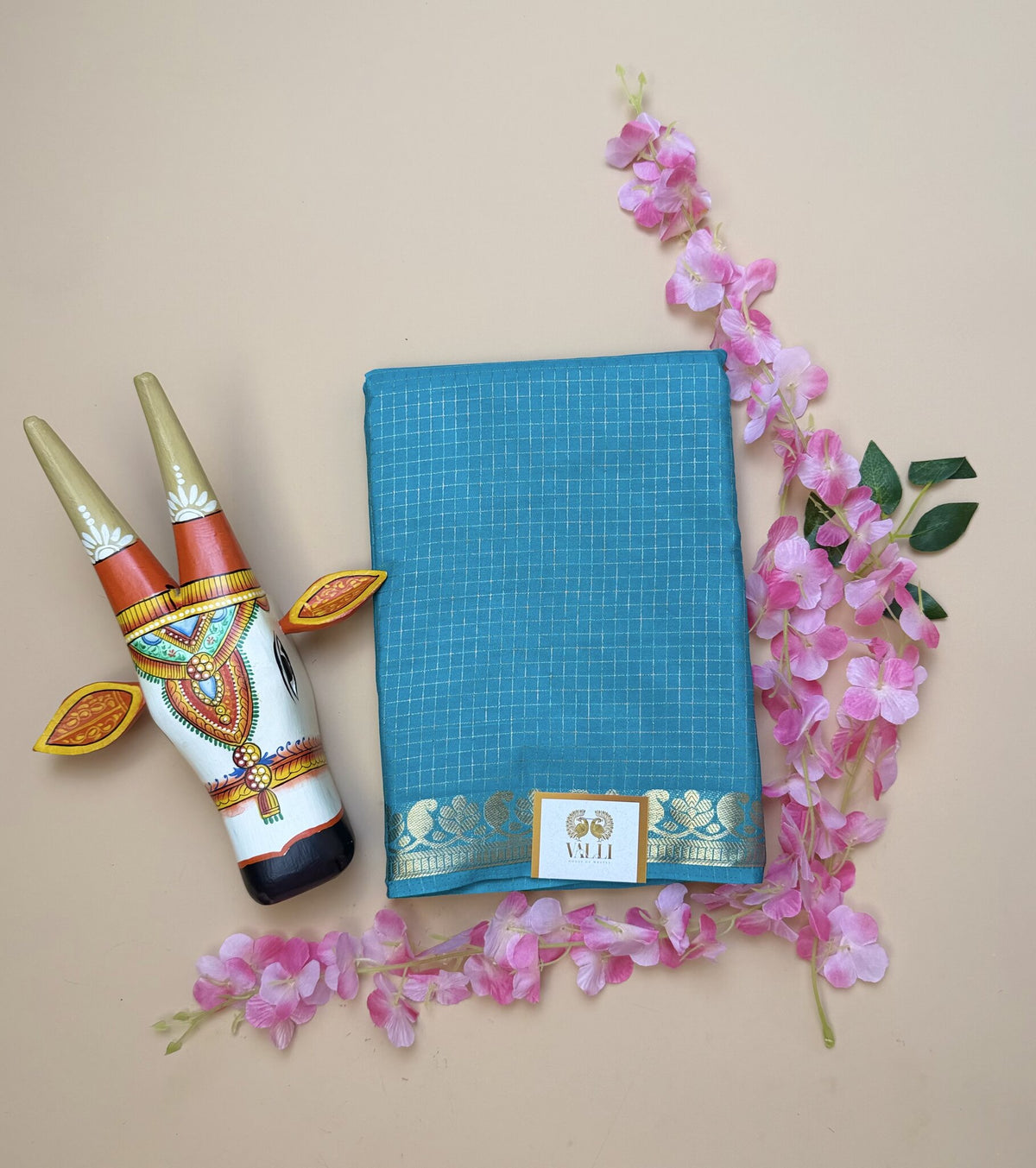 Sea Blue Semi Crepe Saree with Mango Border & Self Checks
