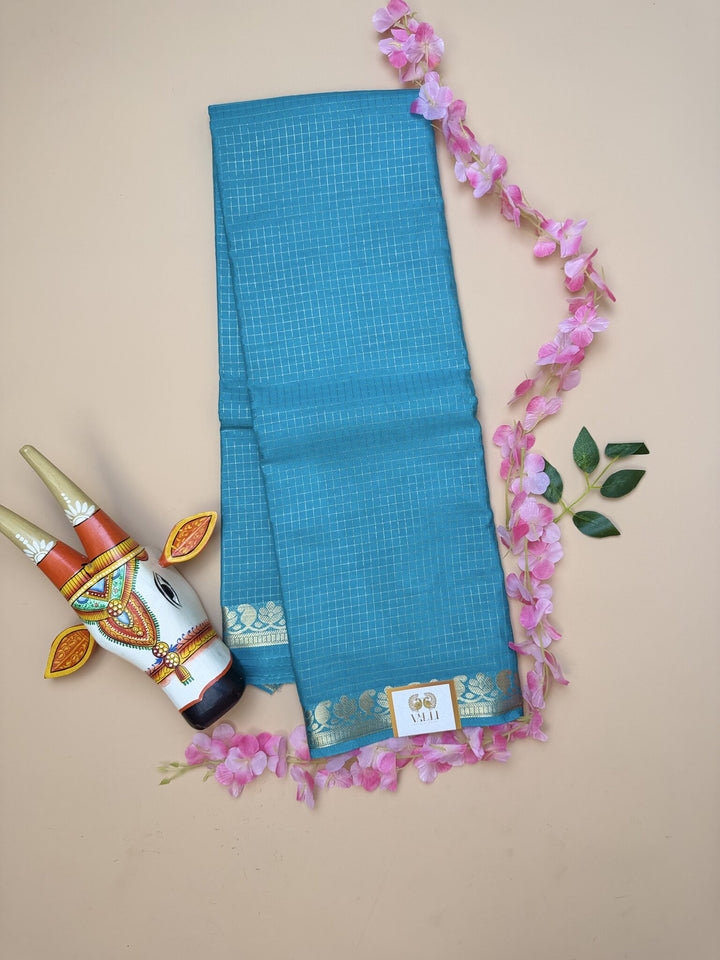 Sea Blue Semi Crepe Saree with Mango Border & Self Checks