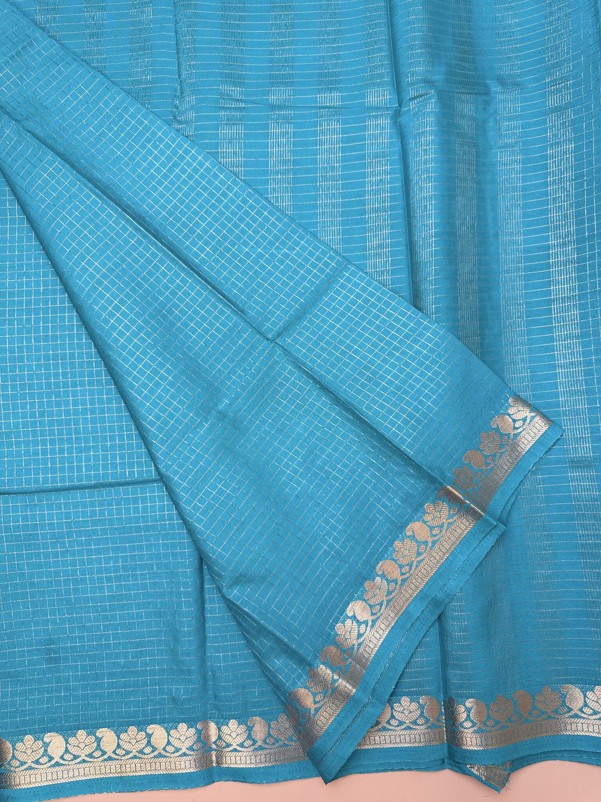Sea Blue Semi Crepe Saree with Mango Border & Self Checks