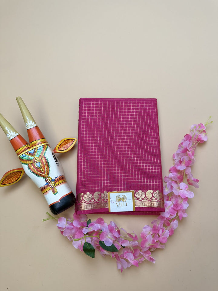 Pink Semi Crepe Saree with Mango Border & Self Checks