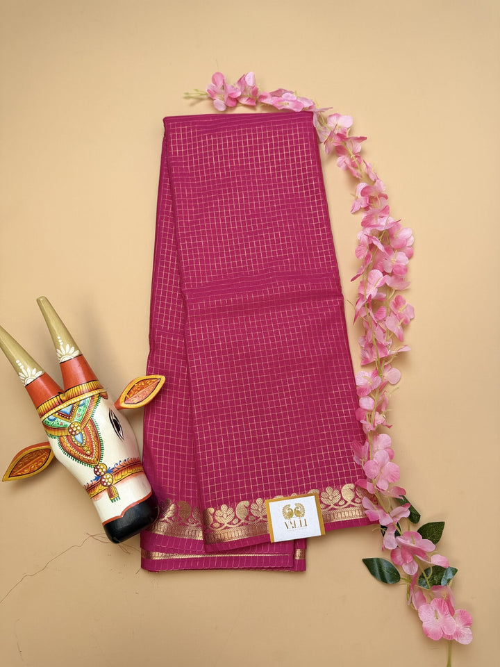 Pink Semi Crepe Saree with Mango Border & Self Checks