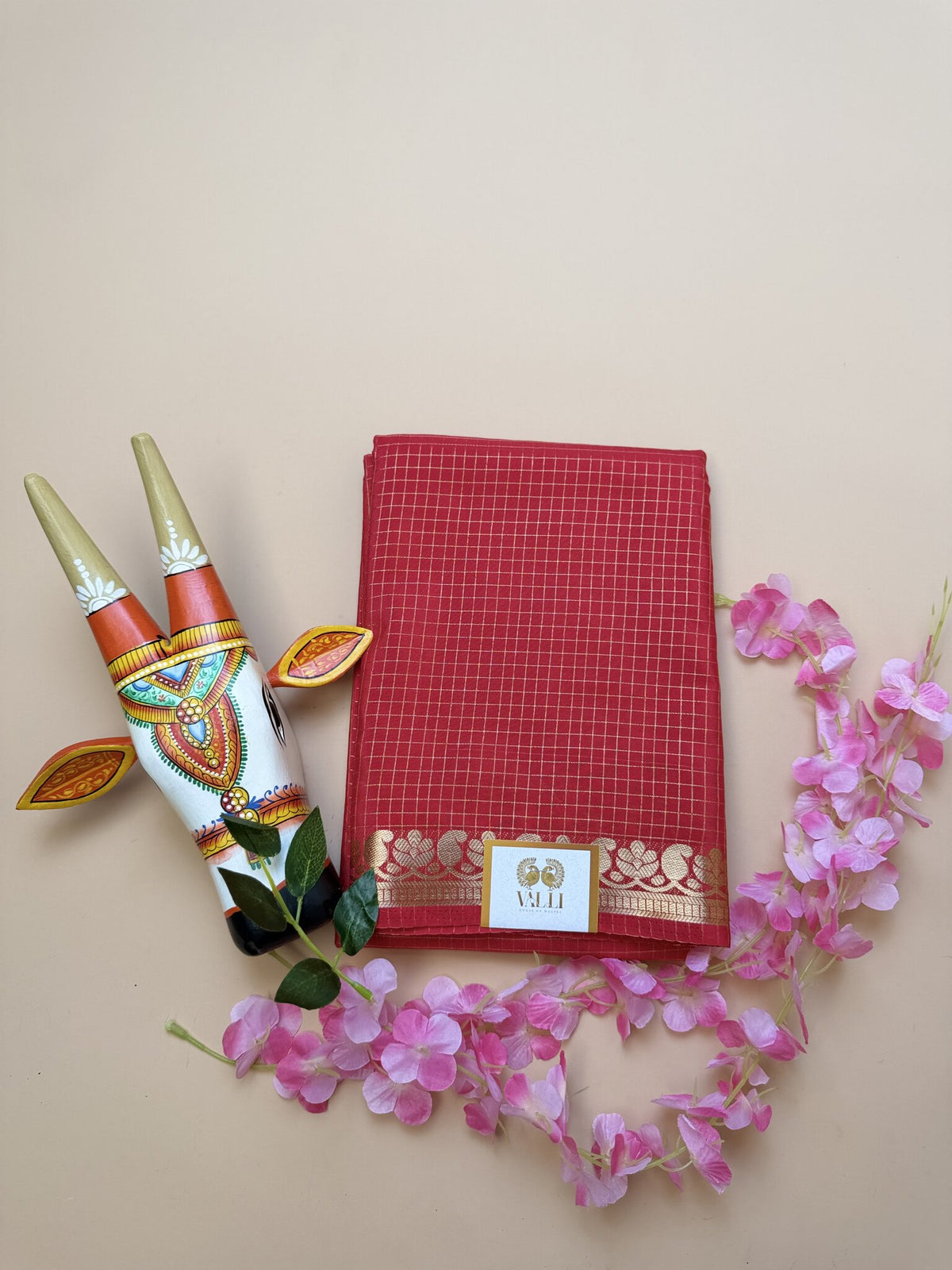 Red Semi Crepe Saree with Mango Border & Self Checks