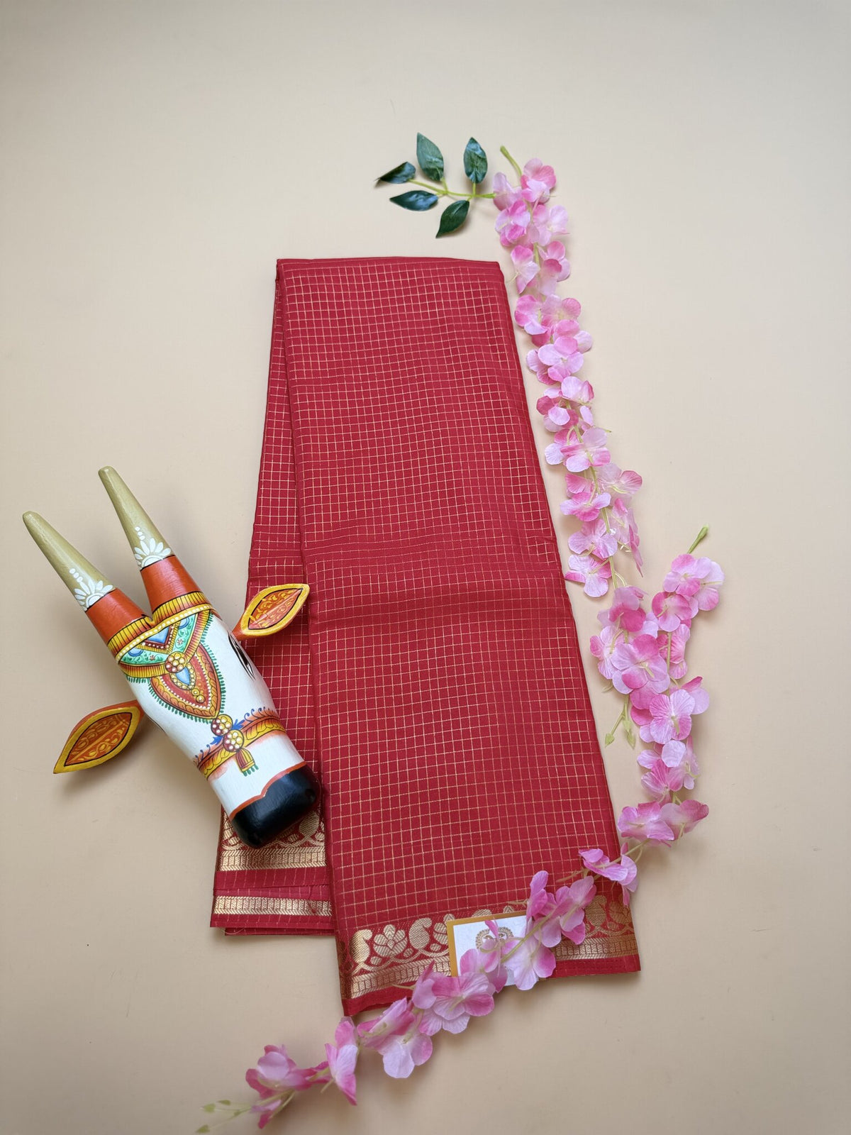 Red Semi Crepe Saree with Mango Border & Self Checks