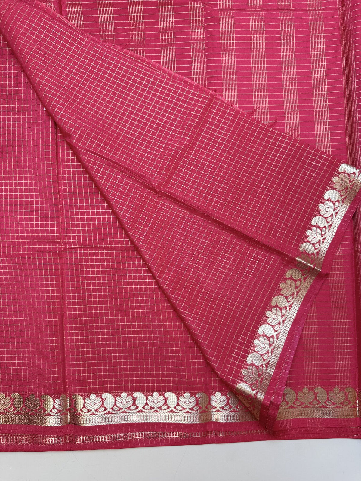 Red Semi Crepe Saree with Mango Border & Self Checks