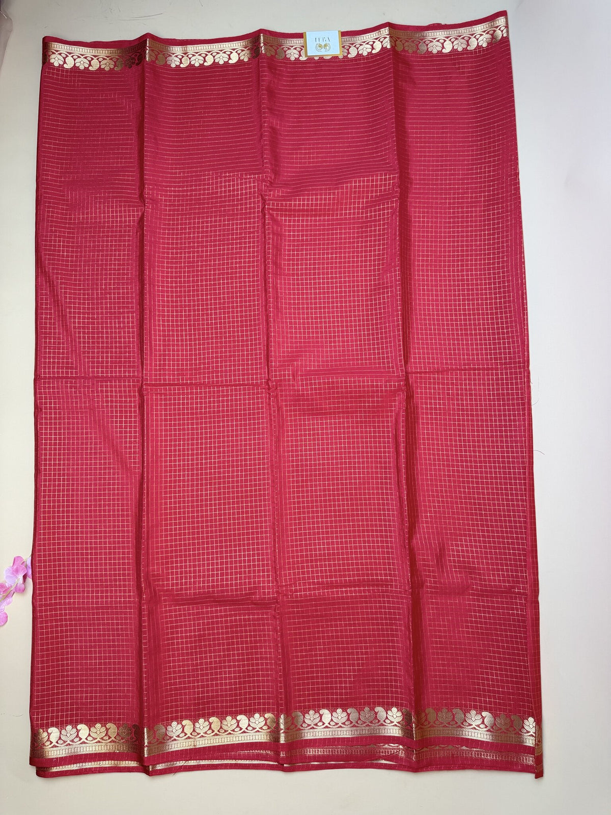 Red Semi Crepe Saree with Mango Border & Self Checks