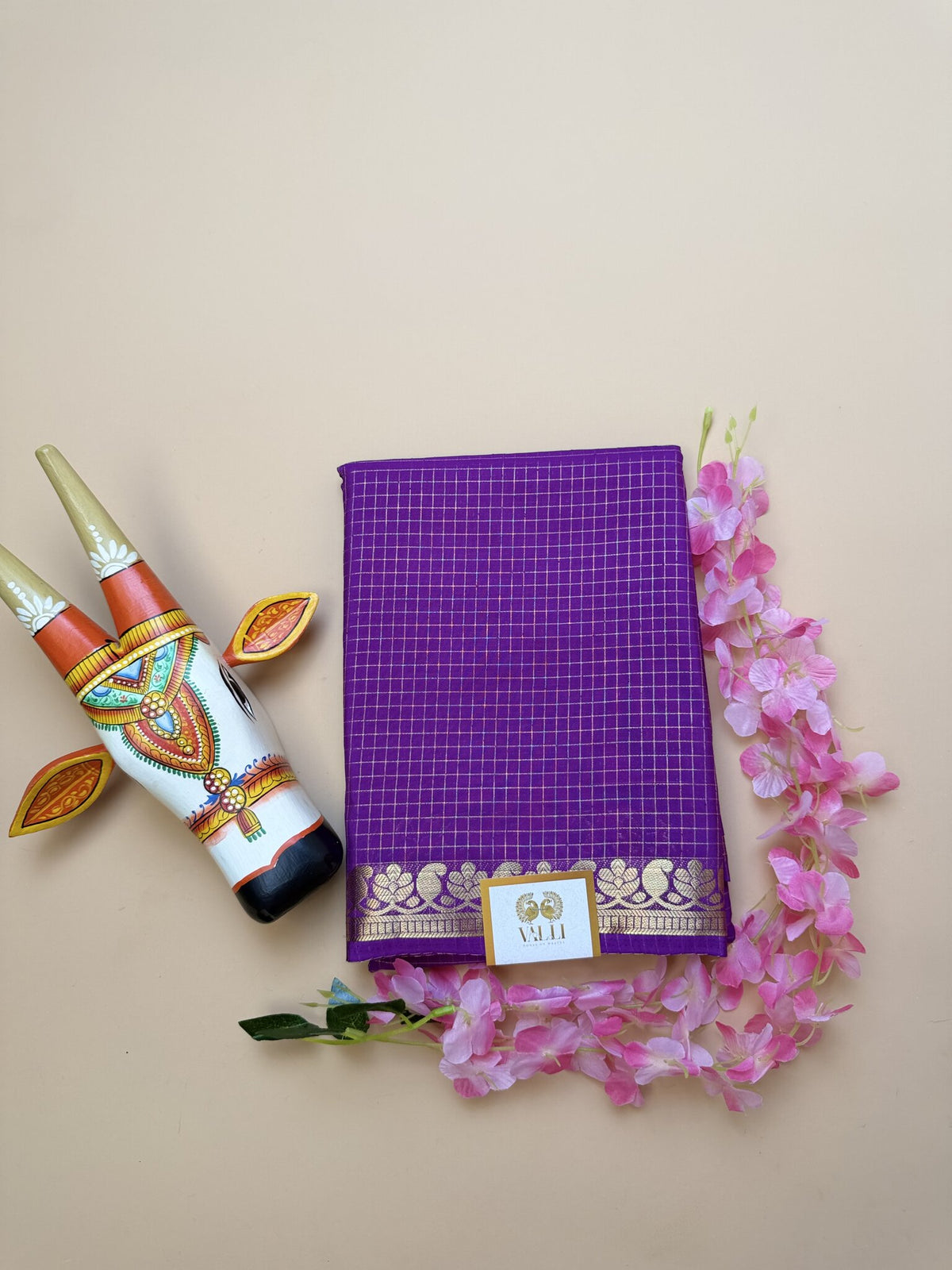 Purple Semi Crepe Saree with Mango Border & Self Checks