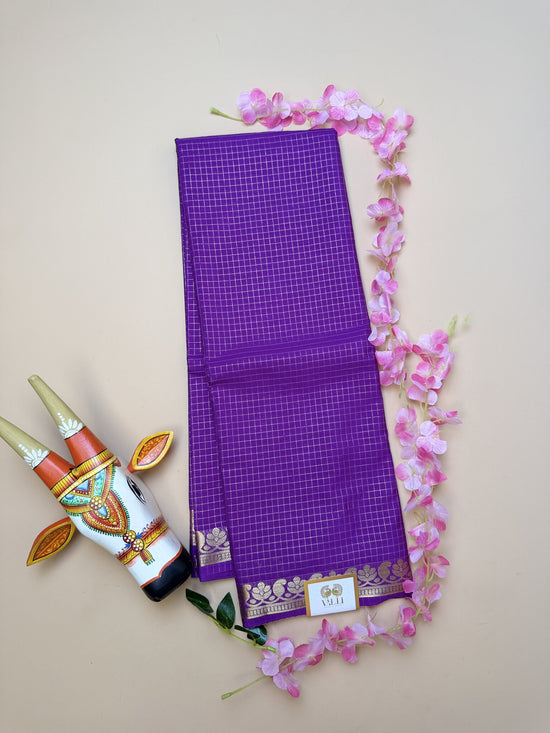 Purple Semi Crepe Saree with Mango Border & Self Checks
