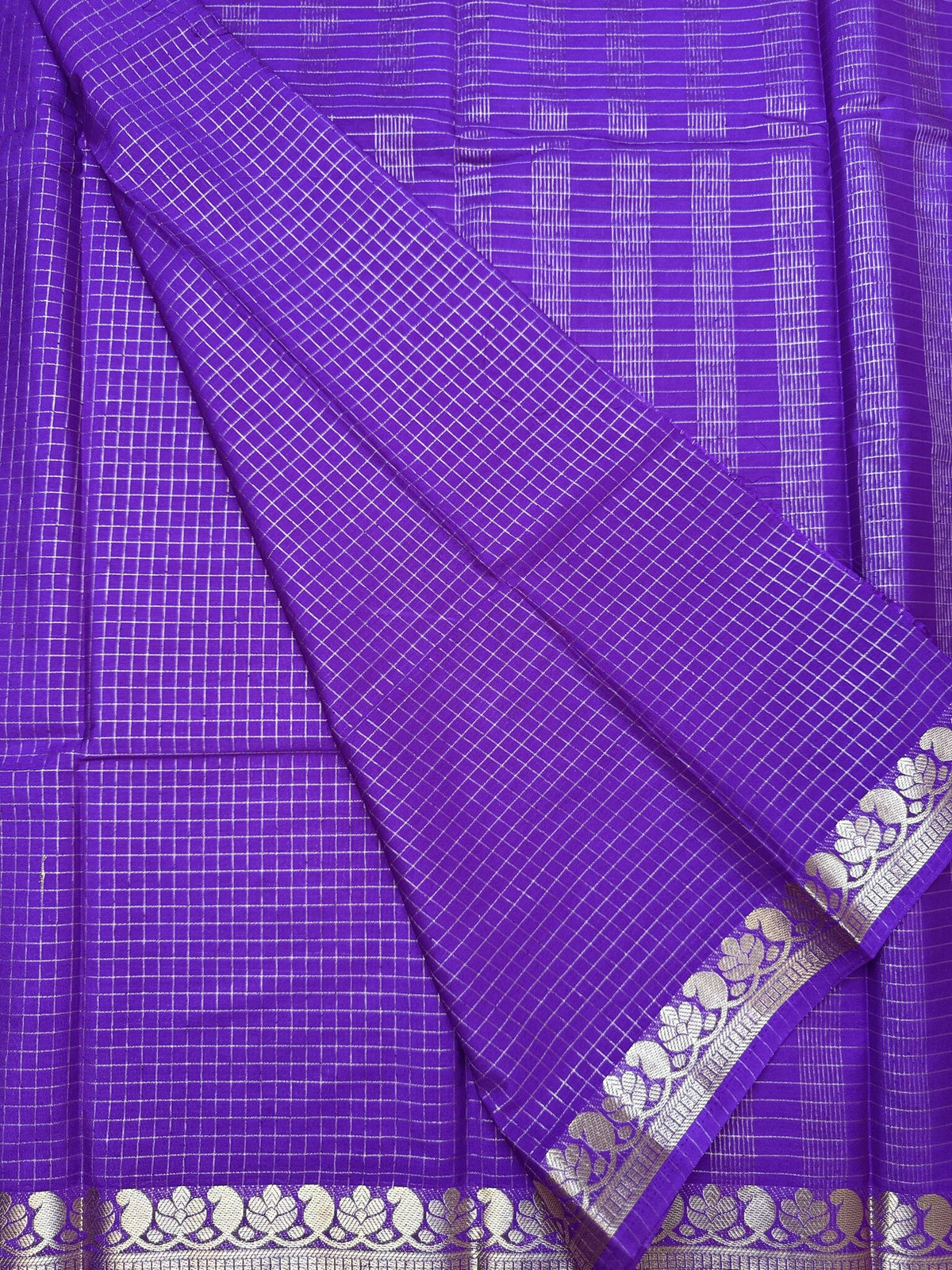 Purple Semi Crepe Saree with Mango Border & Self Checks