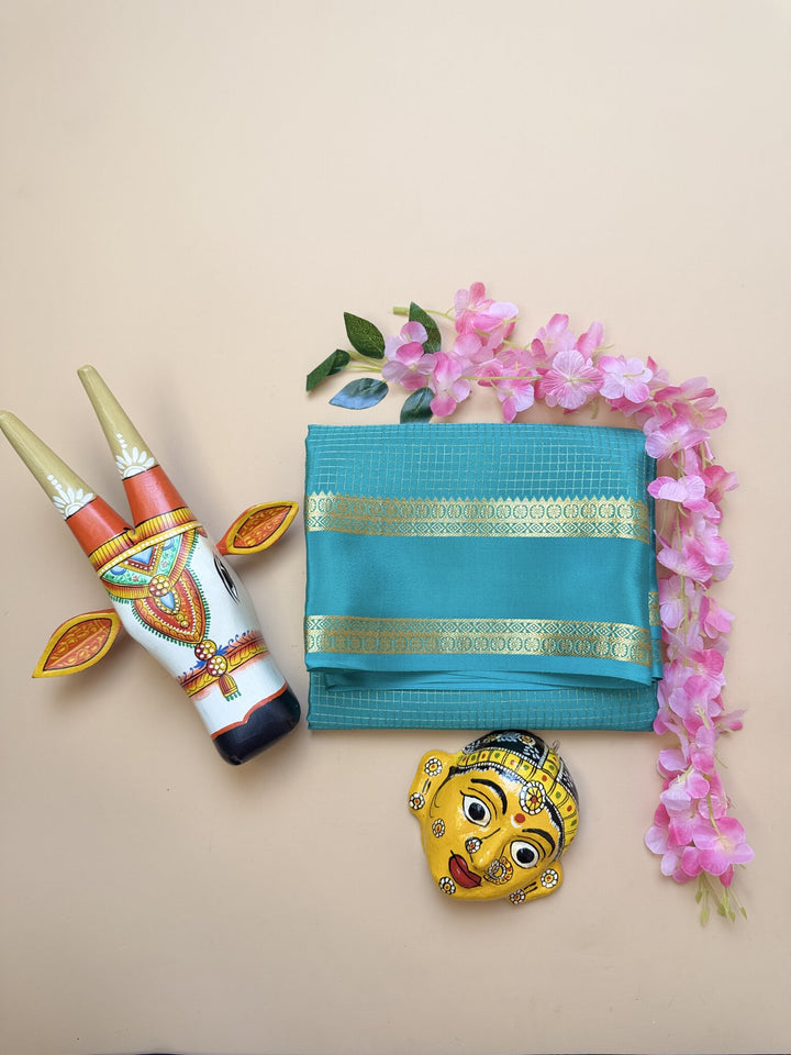 Sea Blue Pure Crepe Silk Saree with Self Checks